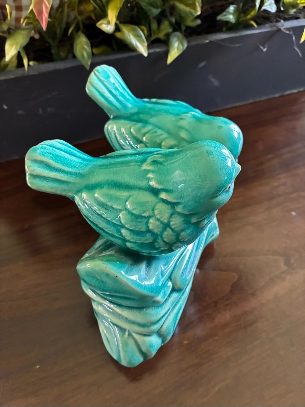 Turquoise Ceramic Bird Figurine Pair on Branch - Home Art euc 9” long x 5” high